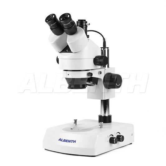 Microscopio de zoom estéreo trinocular 7x-45X con incidente y fuente de luz transmitida