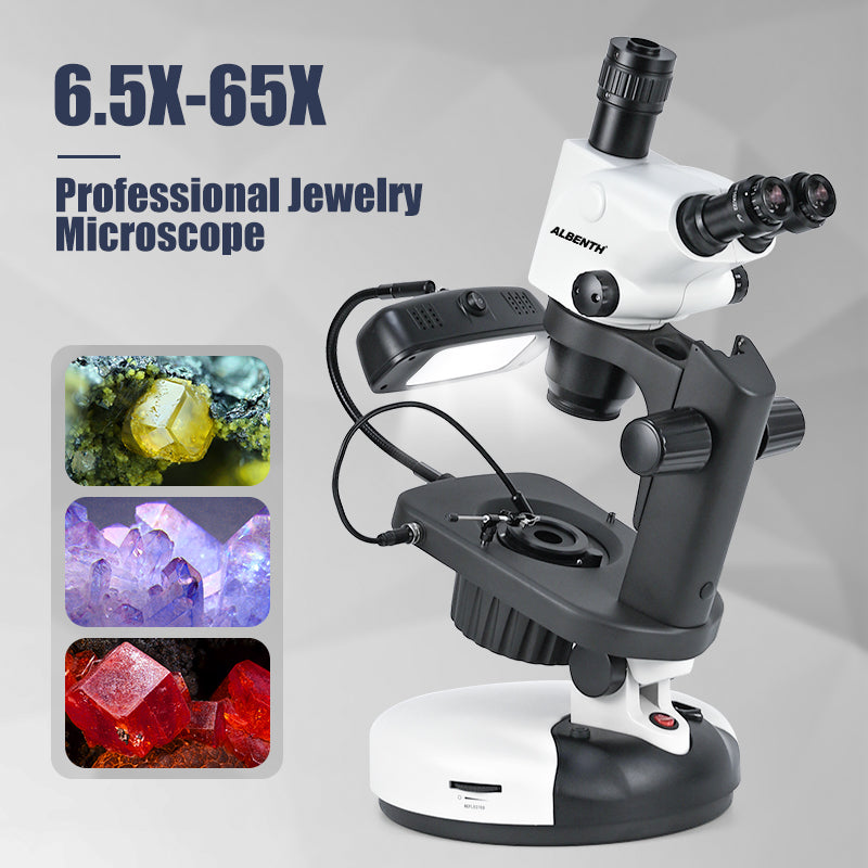 Albenth Trinocular Zoom Gemological Stereo Microscope 6.5X-65X Professional Jewelry Microscope With Light Source Jewelry Clip