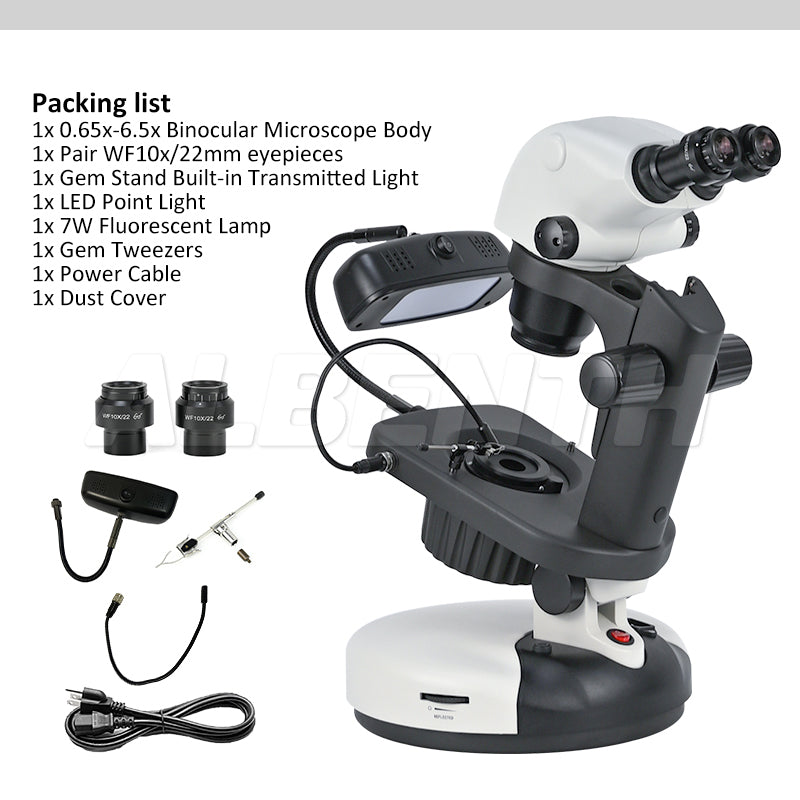 Albenth 6.5X-65X Binocular Zoom Stereo Gemological Jewelry microscope Track Stand Microscopes