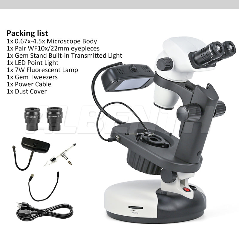 Albenth 6.7X-45X Binocular Zoom Stereo Gemological Jewelry Microscope Track Stand Microscopes