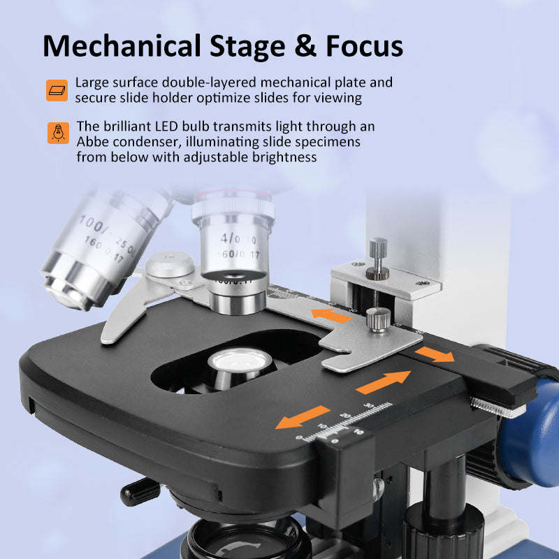 Albenth KHU-210T 40X-2500X Professional LED Brightfield Trinocular Microscope Magnification with Siedentopf Head, 3D Mechanical Stage