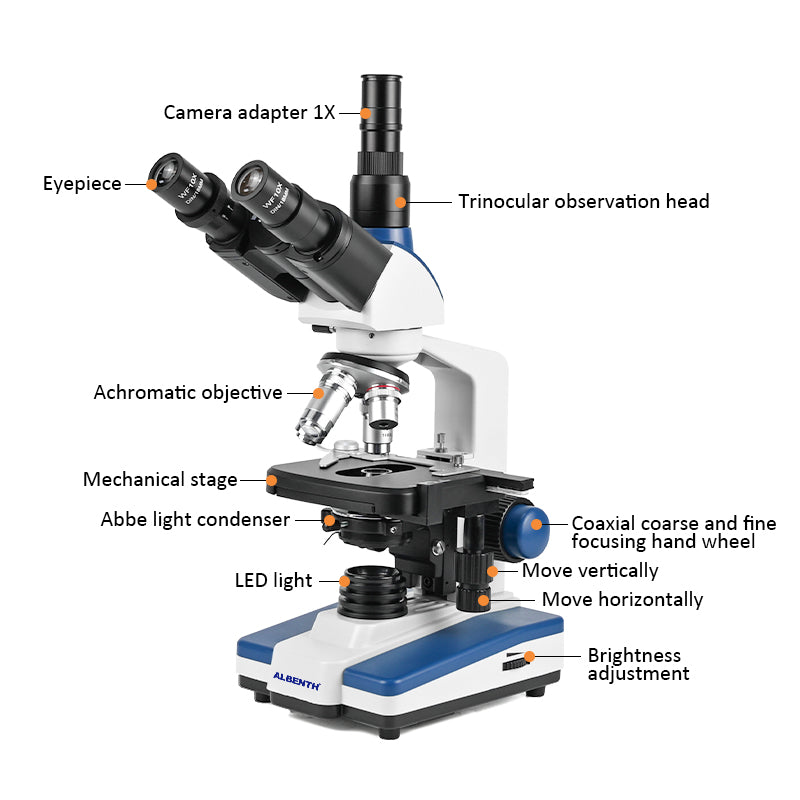 Albenth KHU-210T 40X-2500X Professional LED Brightfield Trinocular Microscope Magnification with Siedentopf Head, 3D Mechanical Stage