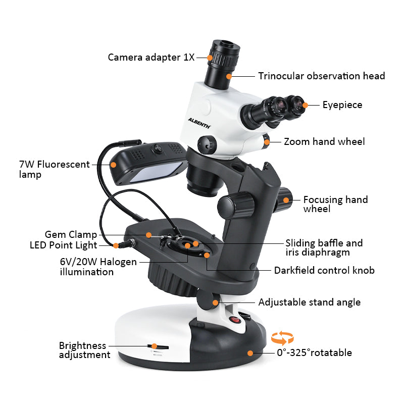 Albenth Trinocular Zoom Gemological Stereo Microscope 6.5X-65X Professional Jewelry Microscope With Light Source Jewelry Clip