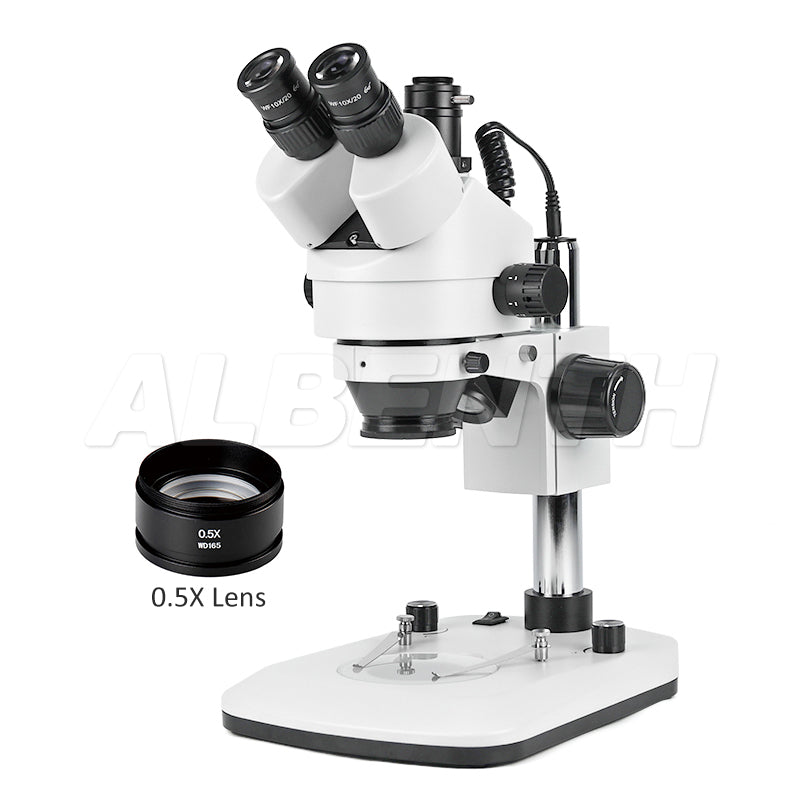 Albenth 7X-45X Trinocular Pillar Stand Zoom Stereo Microscope with 0.5X Auxiliary Lens, Top and Bottom LED Light