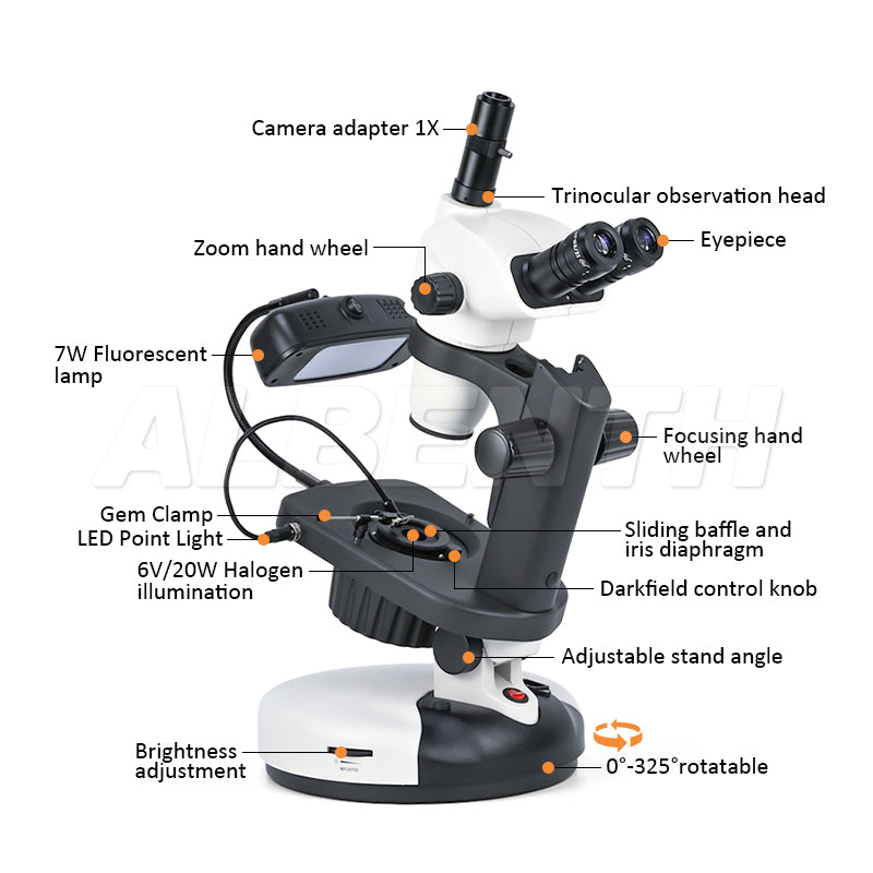 Albenth 6.7X-45X Trinocular Zoom Stereo Gemological Jewelry Microscope Track Stand Microscopes