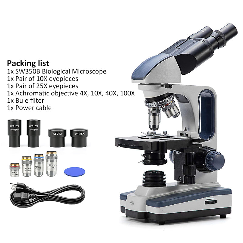 SWIFT SW350B 40X-2500X Biological Microscope With Siedentopf Binocular Head, 10X 25X Eyepieces, Mechanical Stage, Abbe Condenser