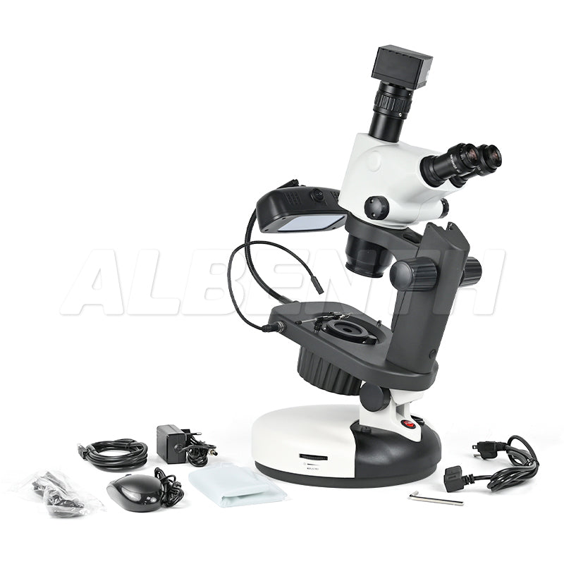 Albenth 6.5X-65X Trinocular Zoom Stereo Gemology Jewelry microscope Microscope Track Stand Microscopes With 4K 8MP Camera