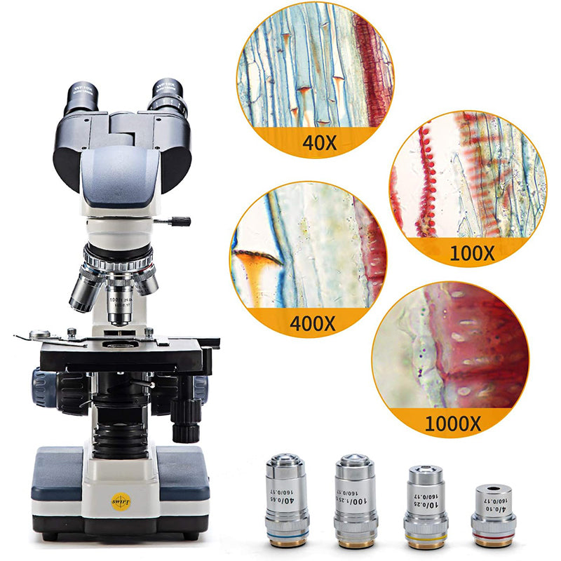 SWIFT SW350B 40X-2500X Biological Microscope With Siedentopf Binocular Head, 10X 25X Eyepieces, Mechanical Stage, Abbe Condenser