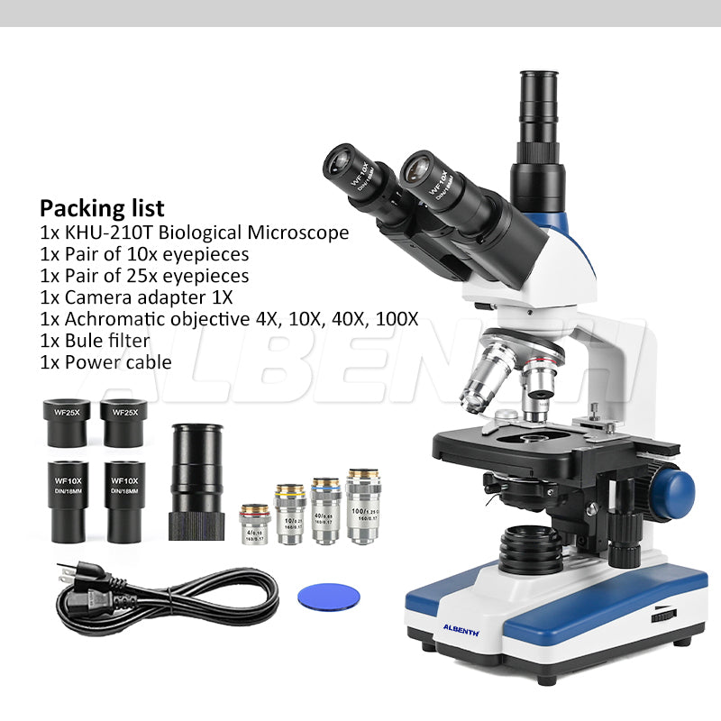 Albenth KHU-210T 40X-2500X Professional LED Brightfield Trinocular Microscope Magnification with Siedentopf Head, 3D Mechanical Stage